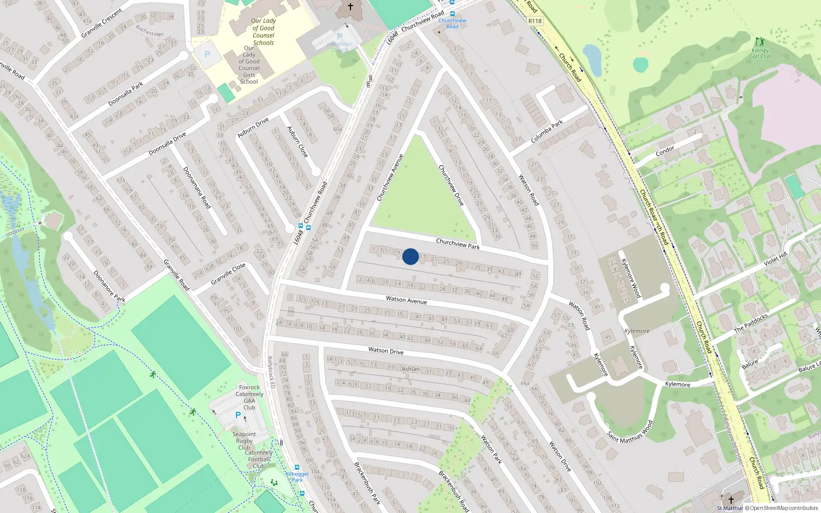 Overhead map showing the location of 13 Churchview Park, Killiney, Dublin