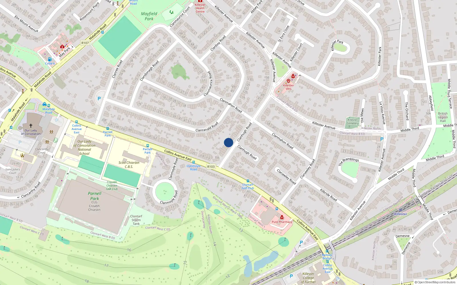 Overhead map showing the location of 13 Clanhugh Road, Dublin 5