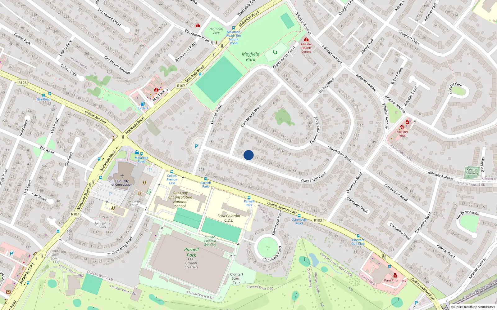 Overhead map showing the location of 13 Clanranald Road, Dublin 5