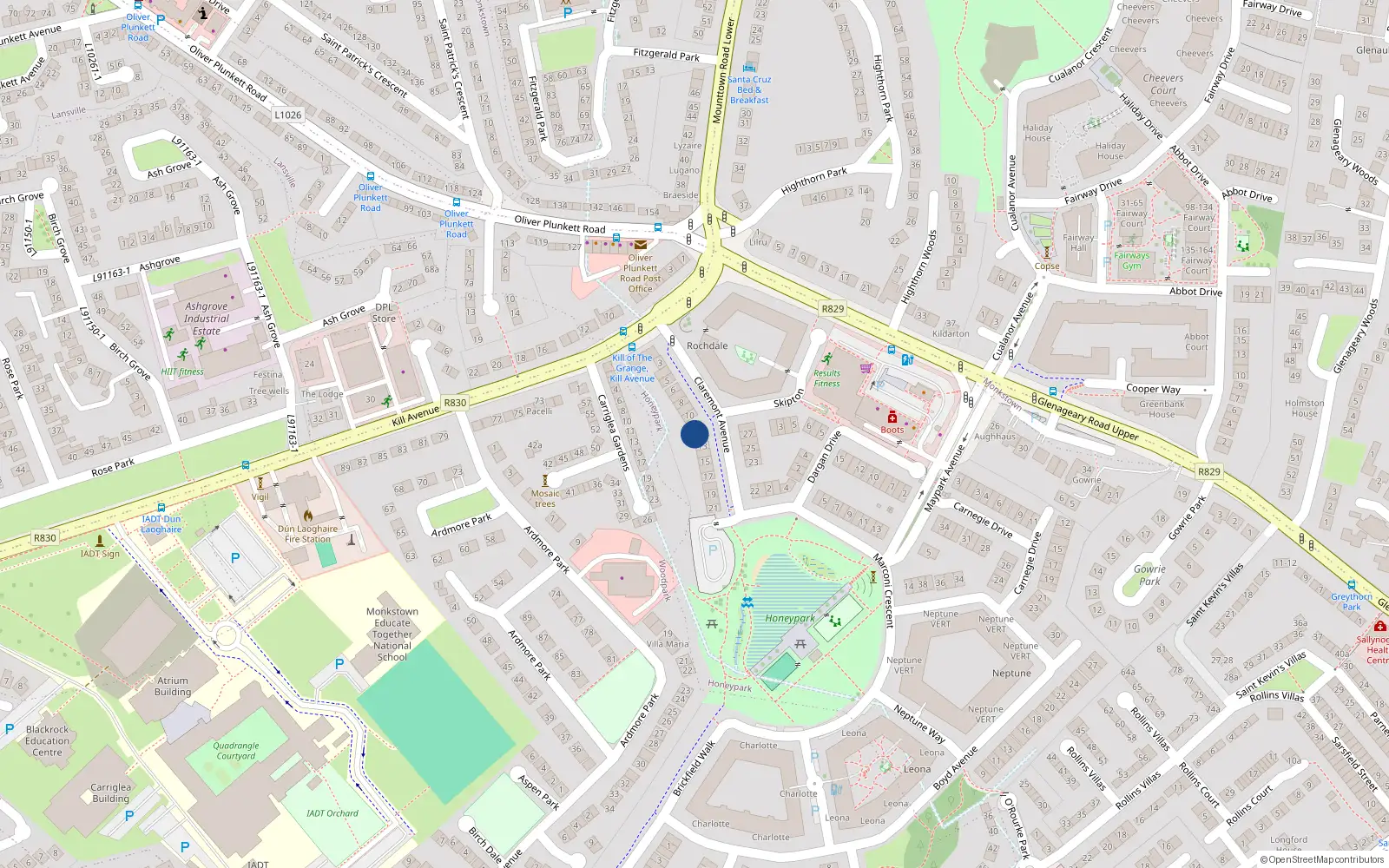 Overhead map showing the location of 13 Claremont Avenue, Dun Laoghaire