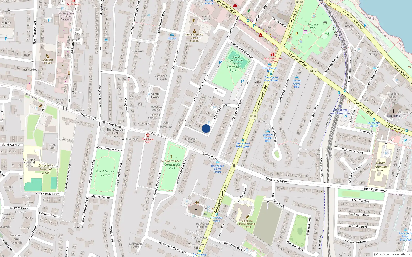Overhead map showing the location of 13 Clarinda Manor, Clarinda Park East, Dun Laoghaire