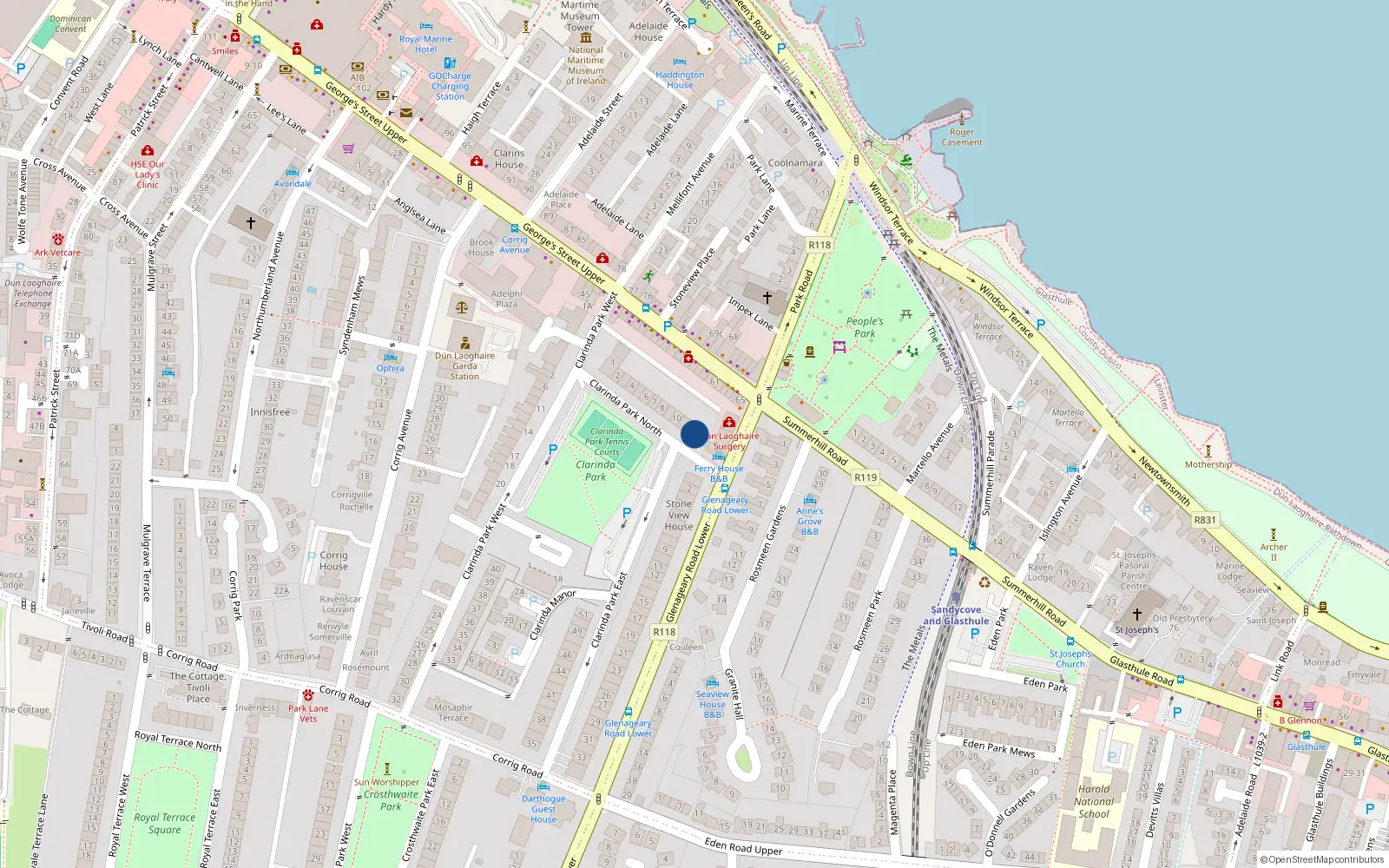 Overhead map showing the location of 13 Clarinda Park North, Dun Laoghaire, Co Dublin