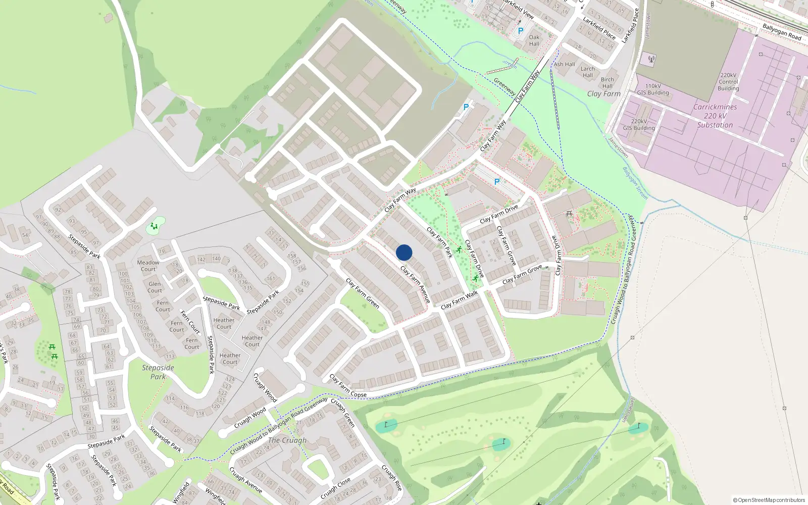 Overhead map showing the location of 13 Clay Farm Avenue, Kilgobbin