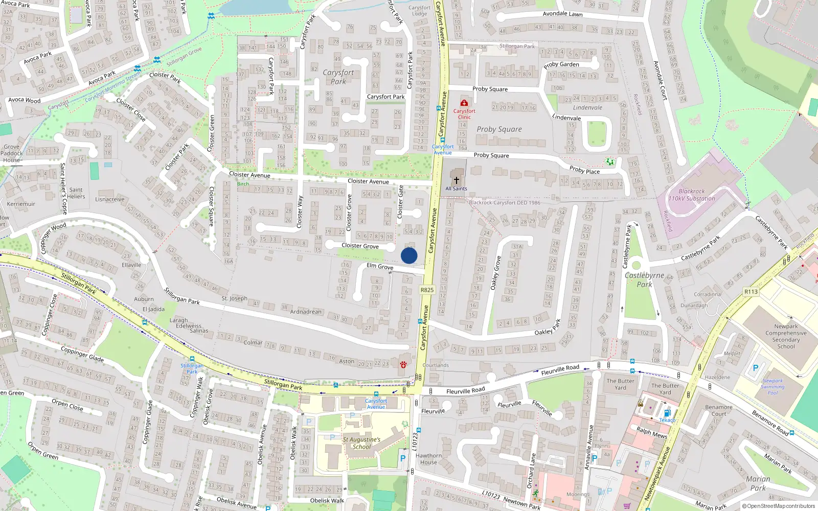 Overhead map showing the location of 13 Cloister Grove, Blackrock, Dublin