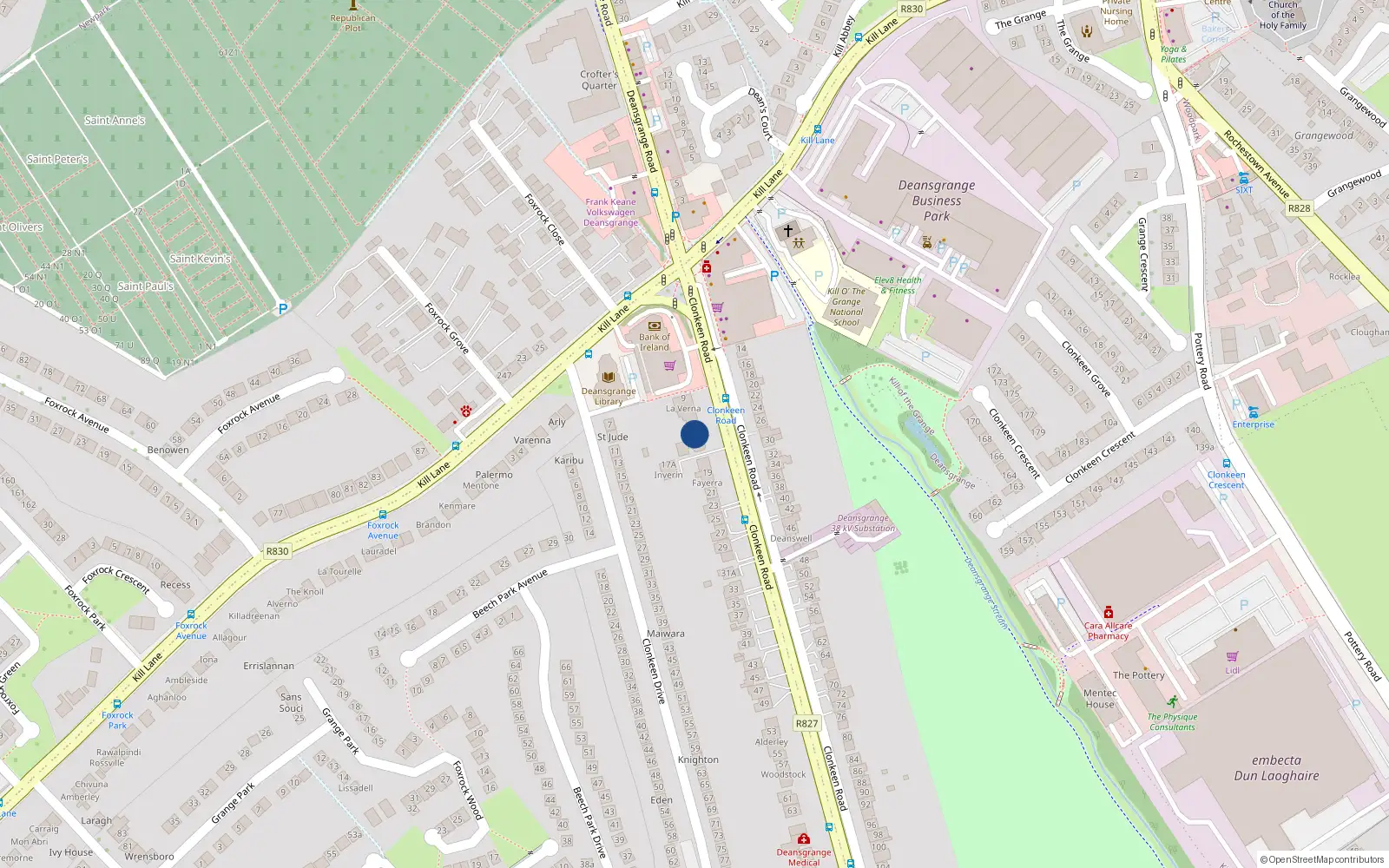 Overhead map showing the location of 13 Clonkeen Road, Blackrock