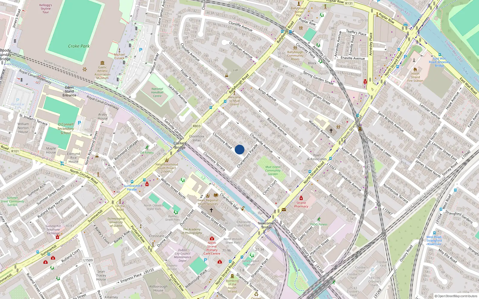 Overhead map showing the location of 13 Clonmore Road, Dublin 3
