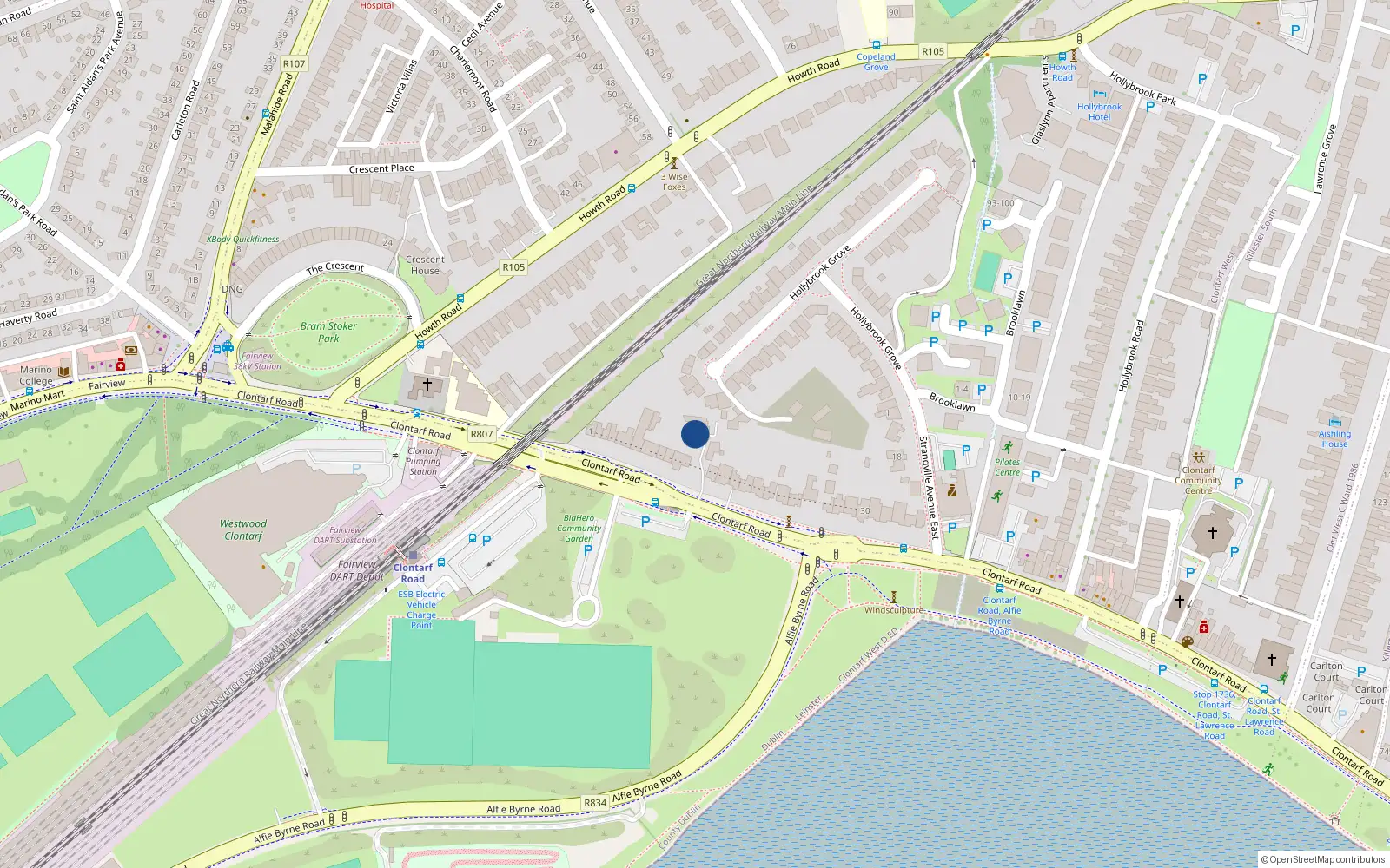 Overhead map showing the location of 13 Clontarf Road, Dublin 3