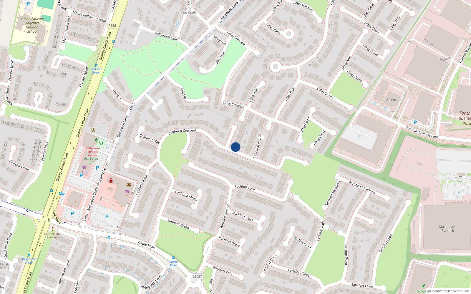 Overhead map showing the location of 13 Colhurst Gardens, Lucan, Dublin