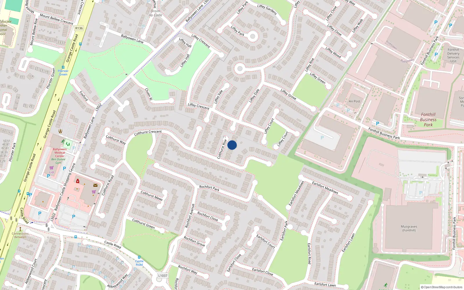 Overhead map showing the location of 13 Colthurst Rise, Lucan