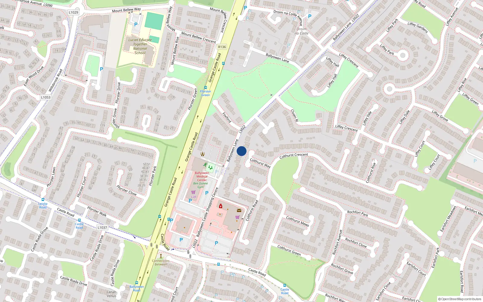 Overhead map showing the location of 13 Colthurst Way, Lucan