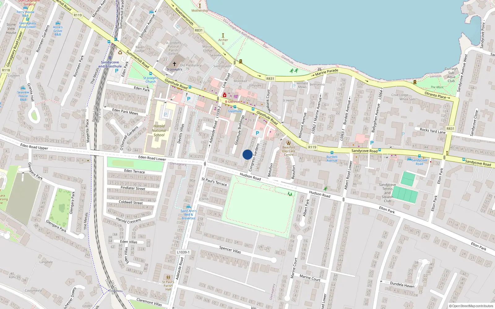 Overhead map showing the location of 13 Congress Gardens, Glasthule, Dublin