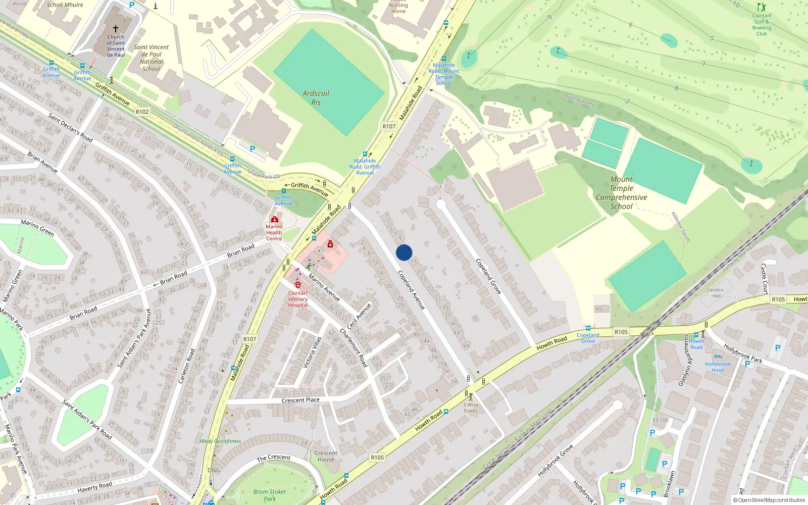 Overhead map showing the location of 13 Copeland Avenue, Clontarf, Dublin 3