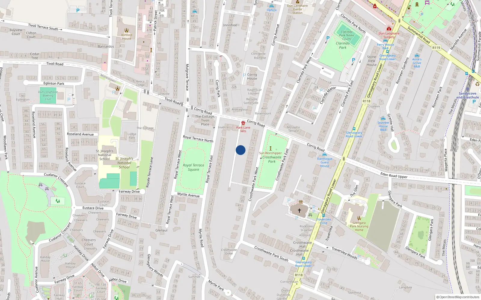 Overhead map showing the location of 13 Crosthwaite Park West, Dun Laoghaire