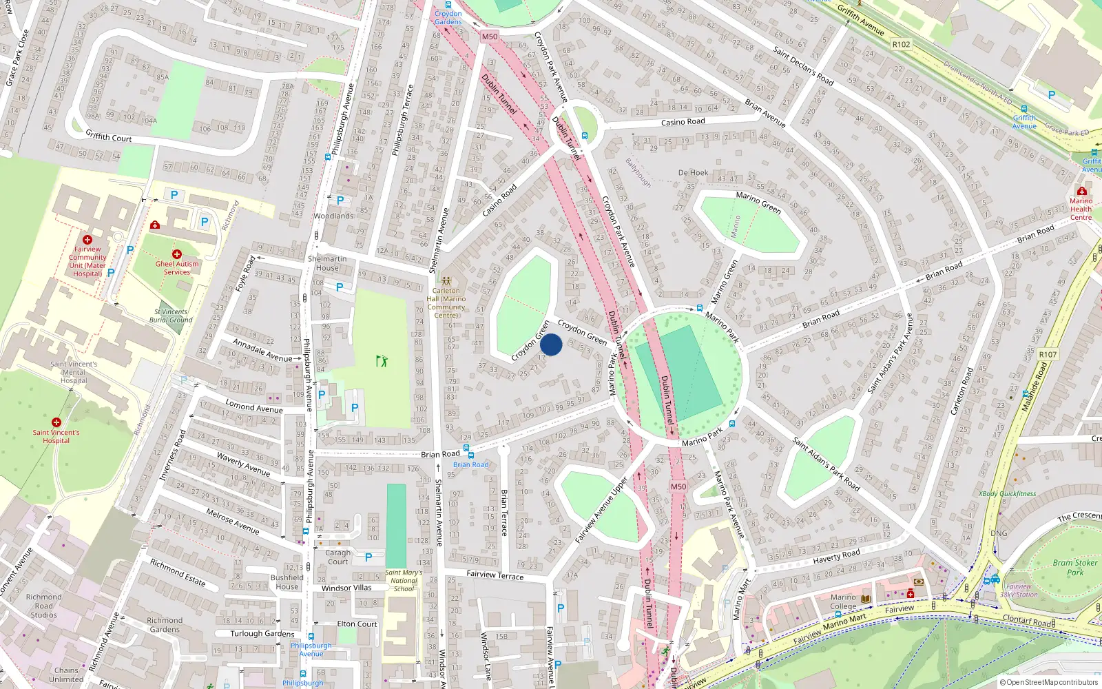 Overhead map showing the location of 13 Croydon Green, Fairview, Dublin 3