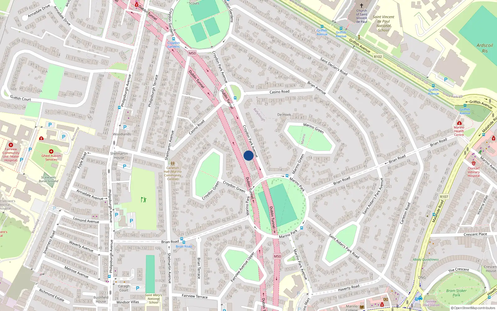 Overhead map showing the location of 13 Croydon Park Avenue, Dublin 3