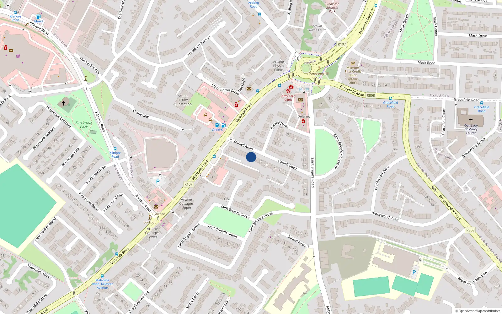 Overhead map showing the location of 13 Danieli Road, Dublin 5