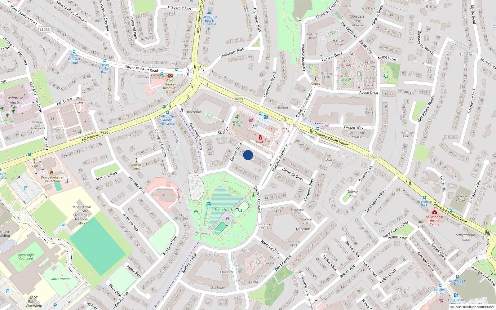 Overhead map showing the location of 13 Dargan Drive, Dun Laoghaire