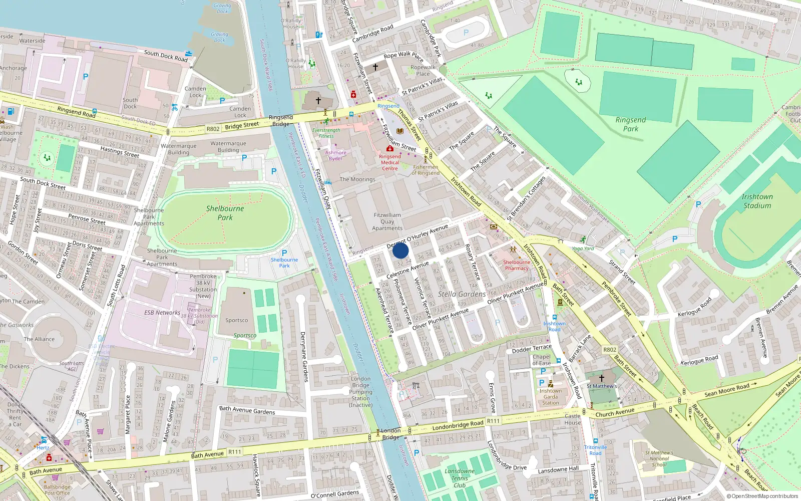 Overhead map showing the location of 13 Dermot O'Hurley Avenue, Irishtown