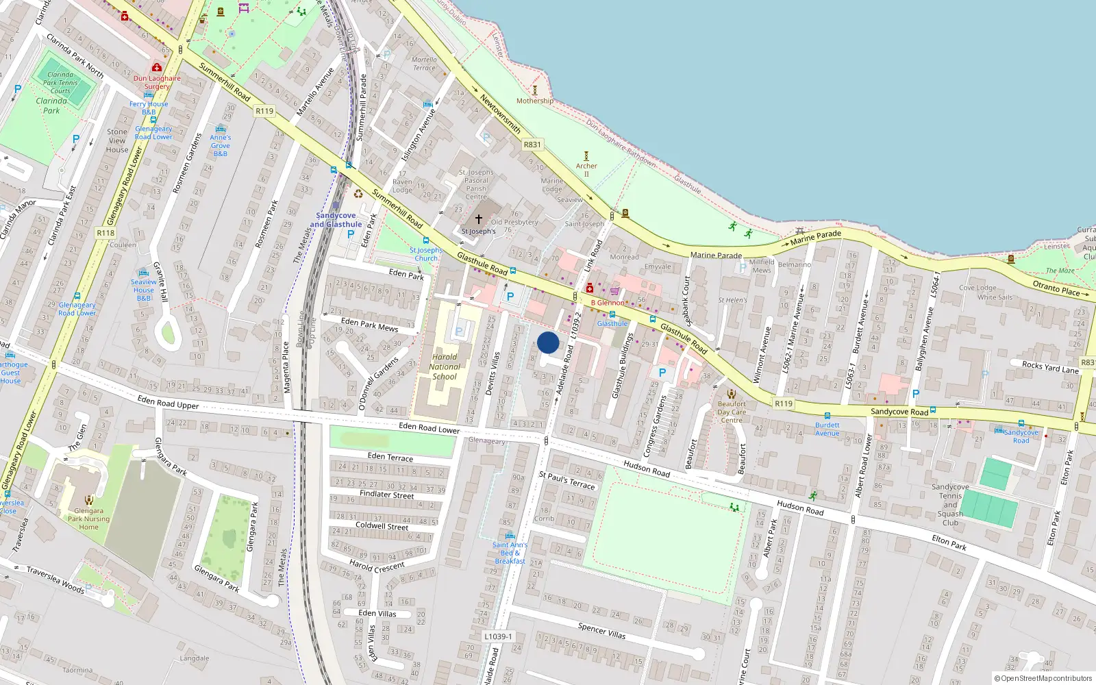 Overhead map showing the location of 13 Dixon Villas, Sandycove, Dublin