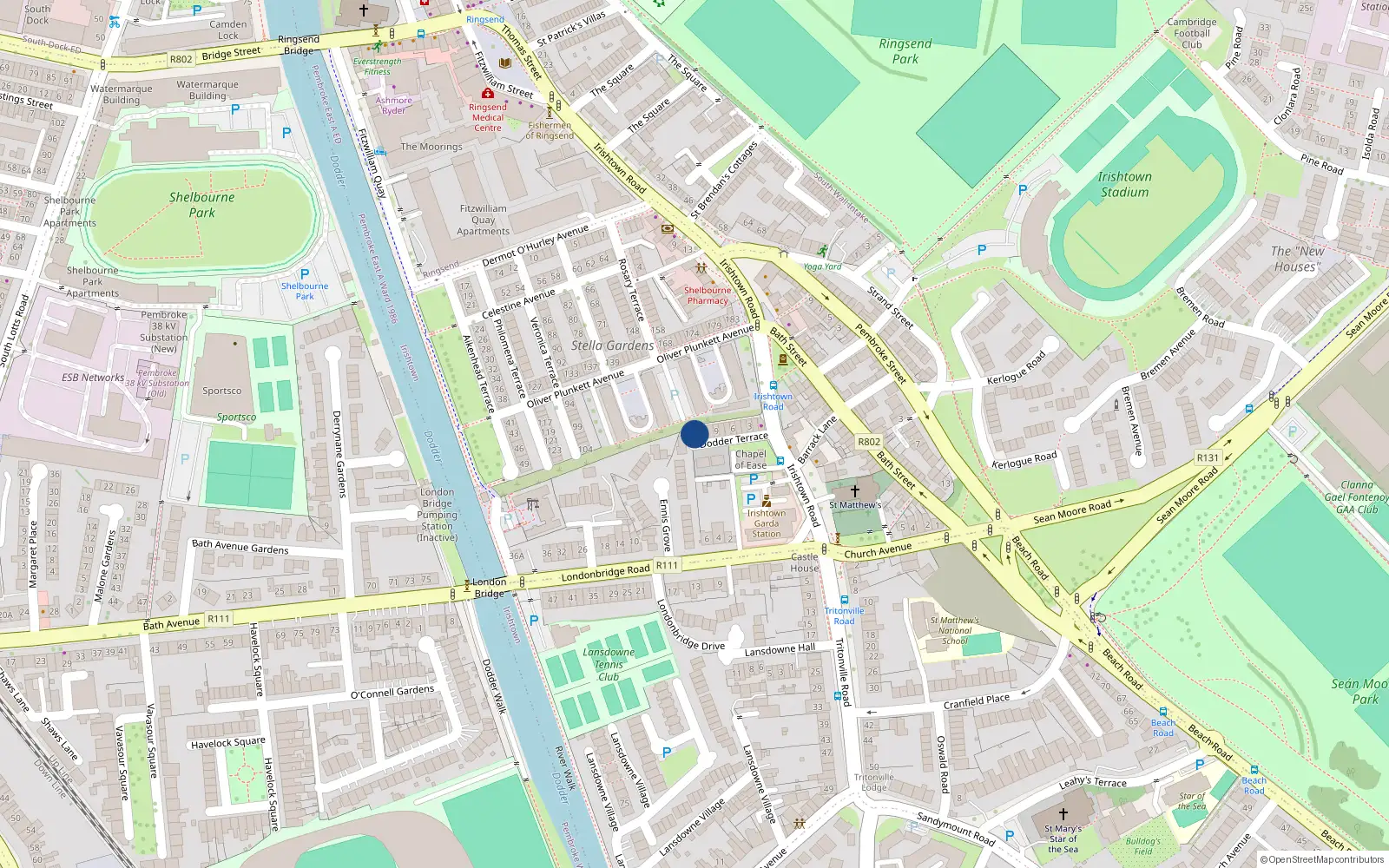 Overhead map showing the location of 13 Dodder Terrace, Dublin 4