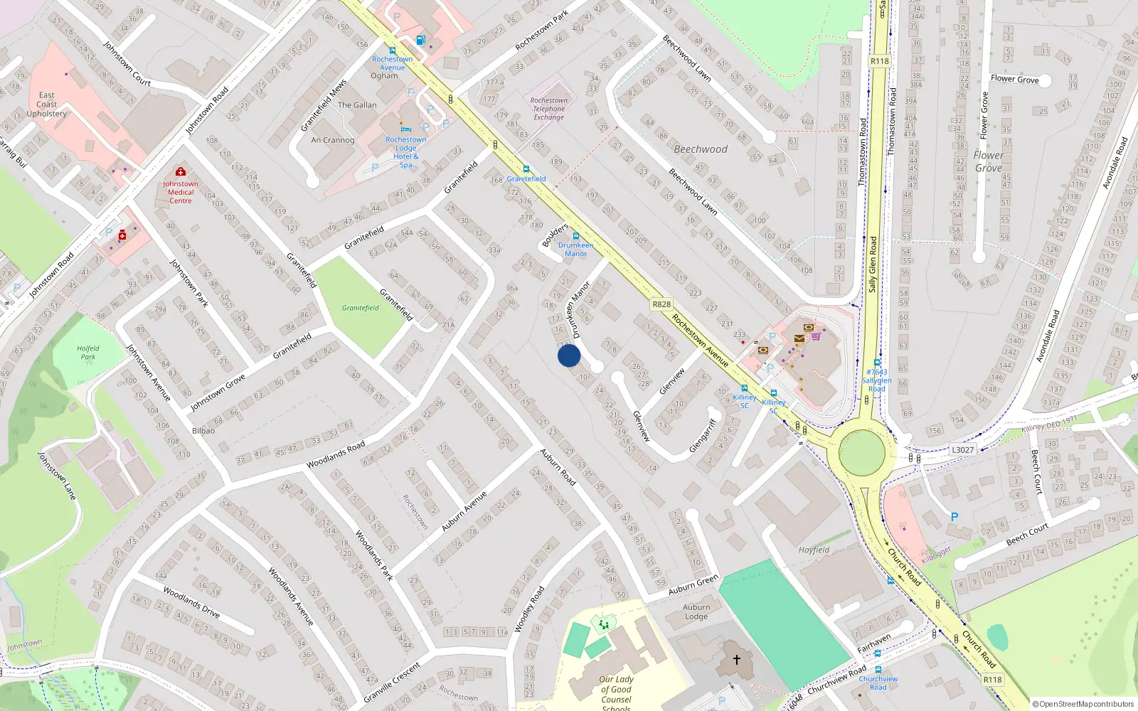 Overhead map showing the location of 13 Drumkeen Manor, Rochestown Avenue, Dun Laoghaire