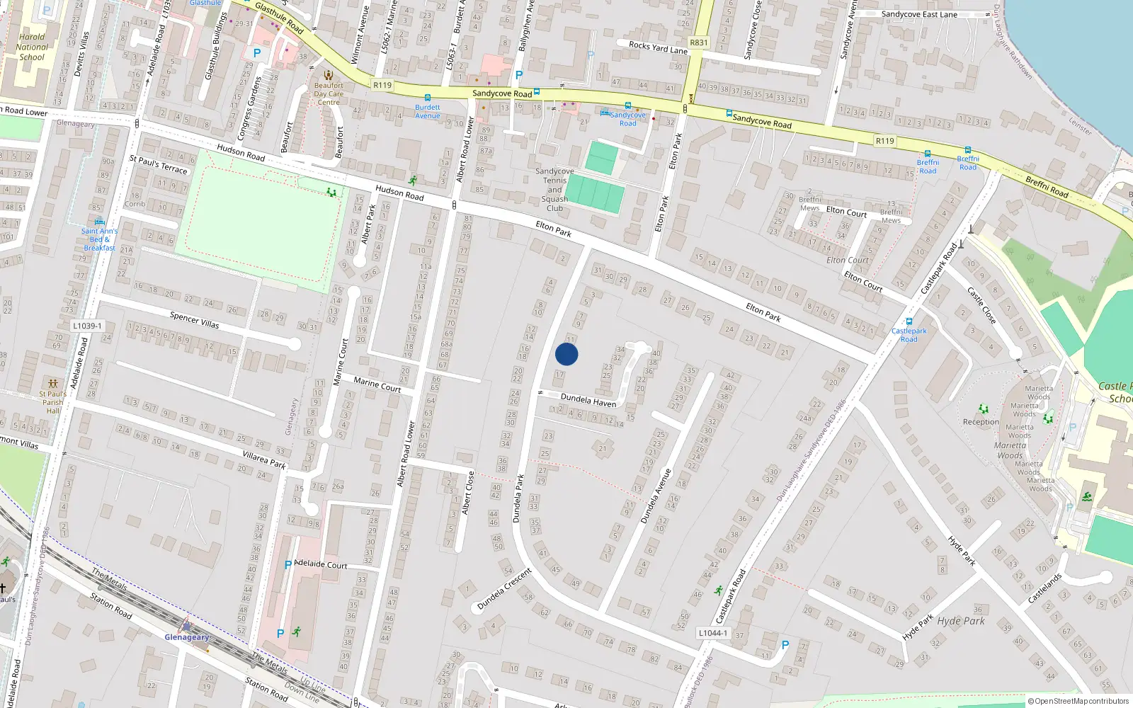 Overhead map showing the location of 13 Dundela Park, Dublin