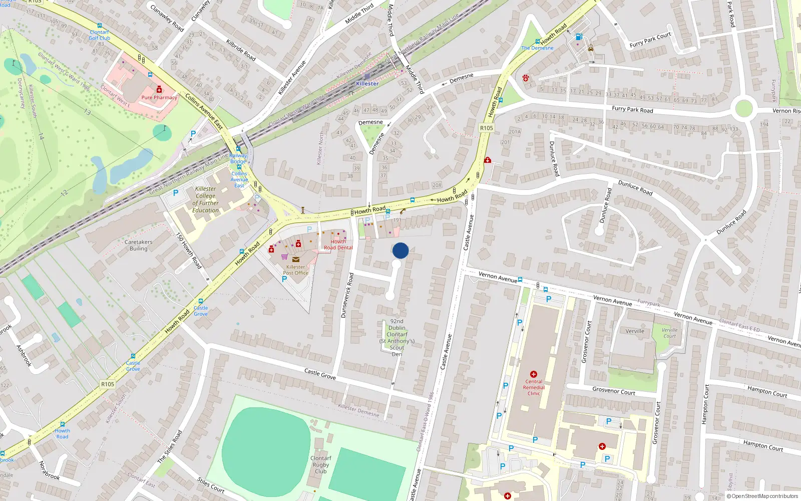 Overhead map showing the location of 13 Dunseverick Road, Clontarf, Dublin 3