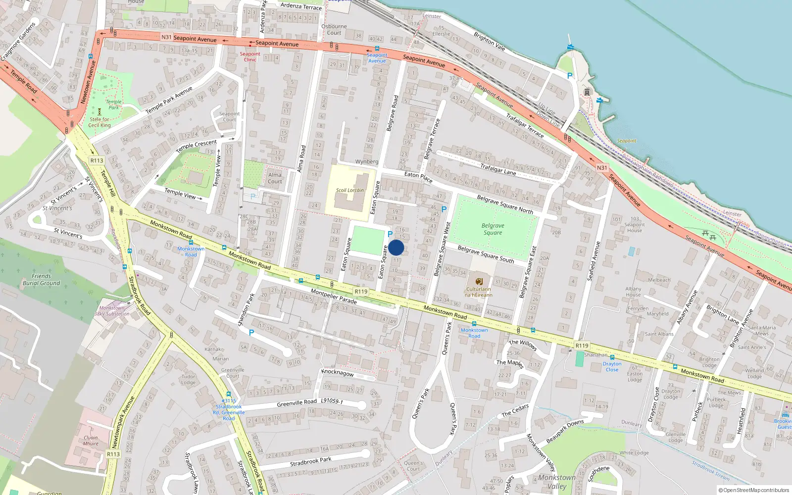 Overhead map showing the location of 13 Eaton Square, Monkstown, Dublin