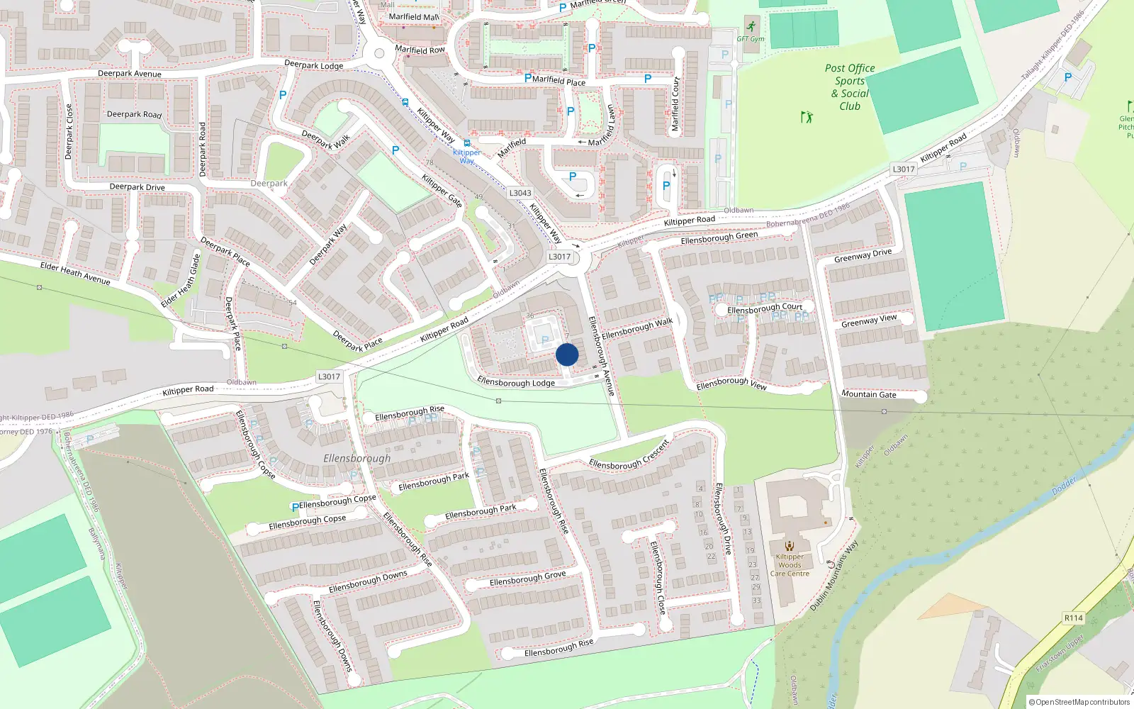 Overhead map showing the location of 13 Ellensborough Lodge, Tallaght