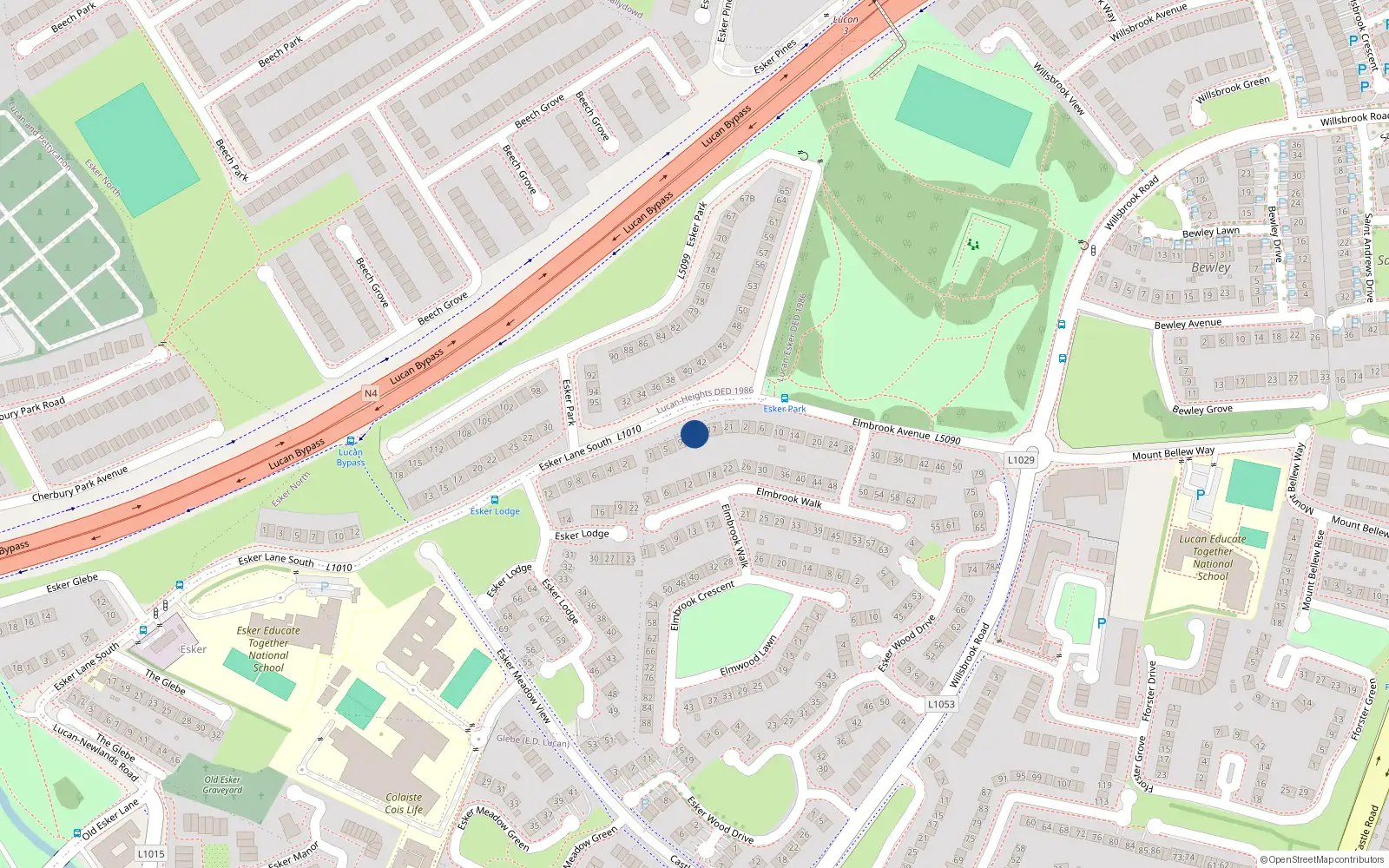 Overhead map showing the location of 13 Elmbrook Avenue, Lucan