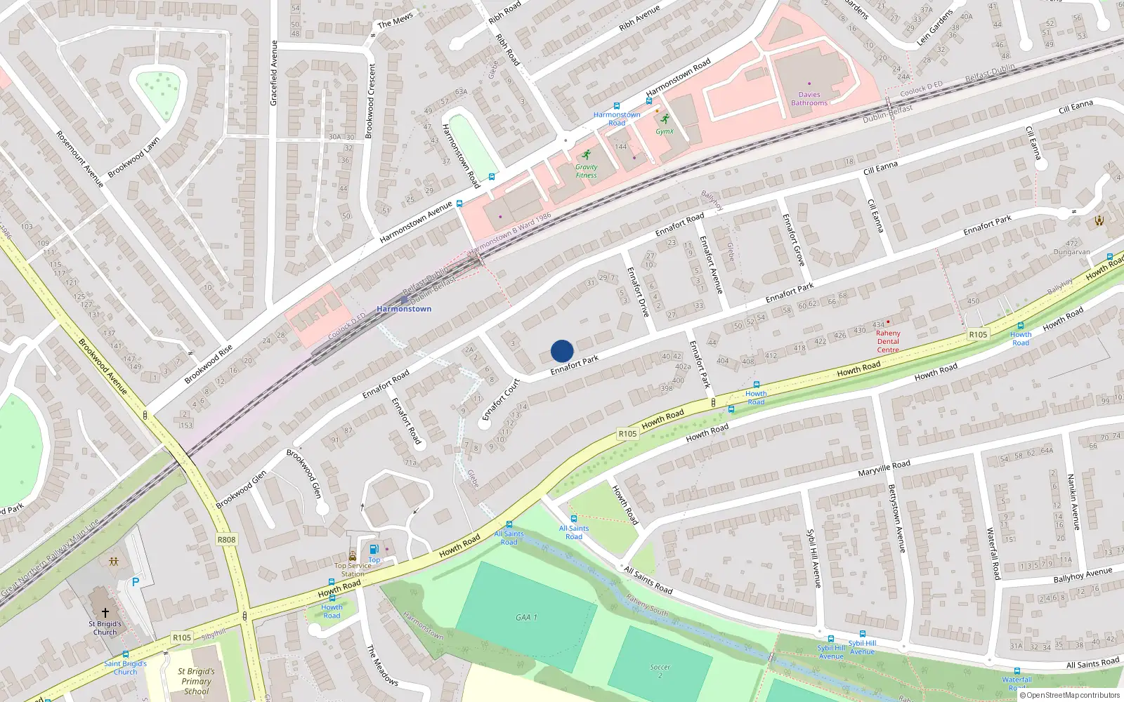 Overhead map showing the location of 13 Ennafort Park, Raheny, Dublin 5