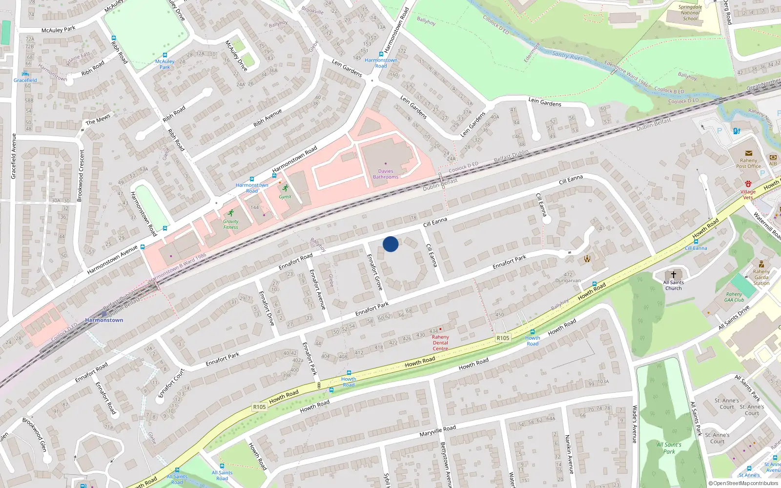 Overhead map showing the location of 13 Ennafort Road, Raheny, Dublin 5