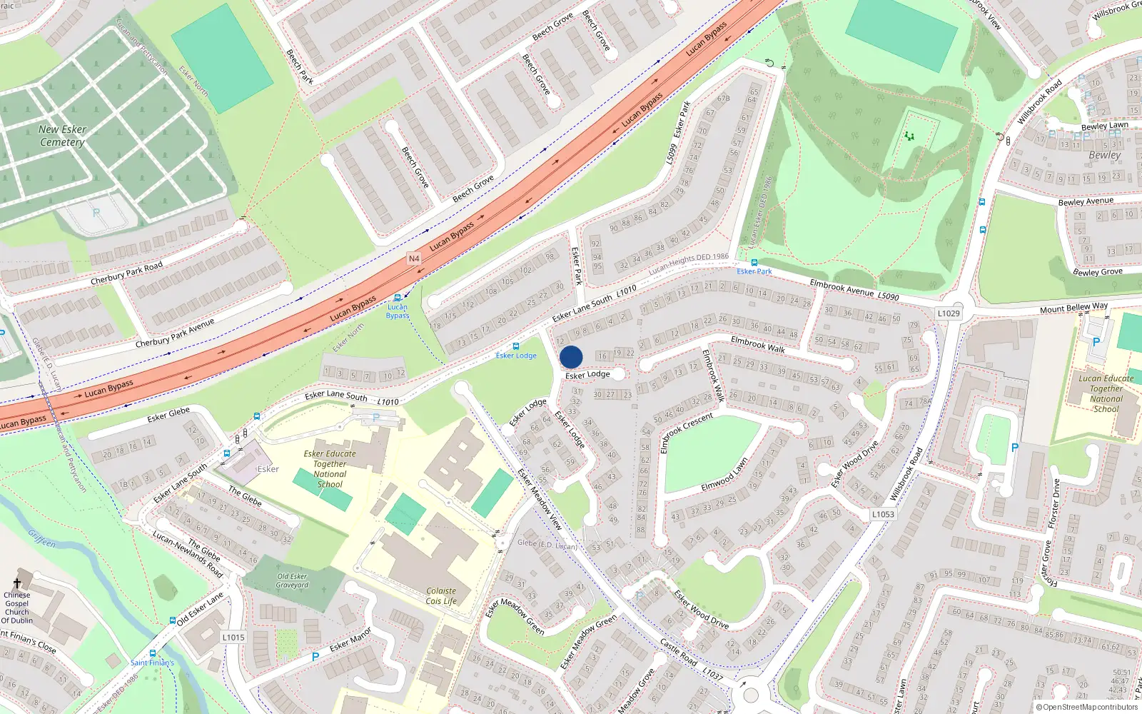 Overhead map showing the location of 13 Esker Lodge, Esker Lane, Lucan
