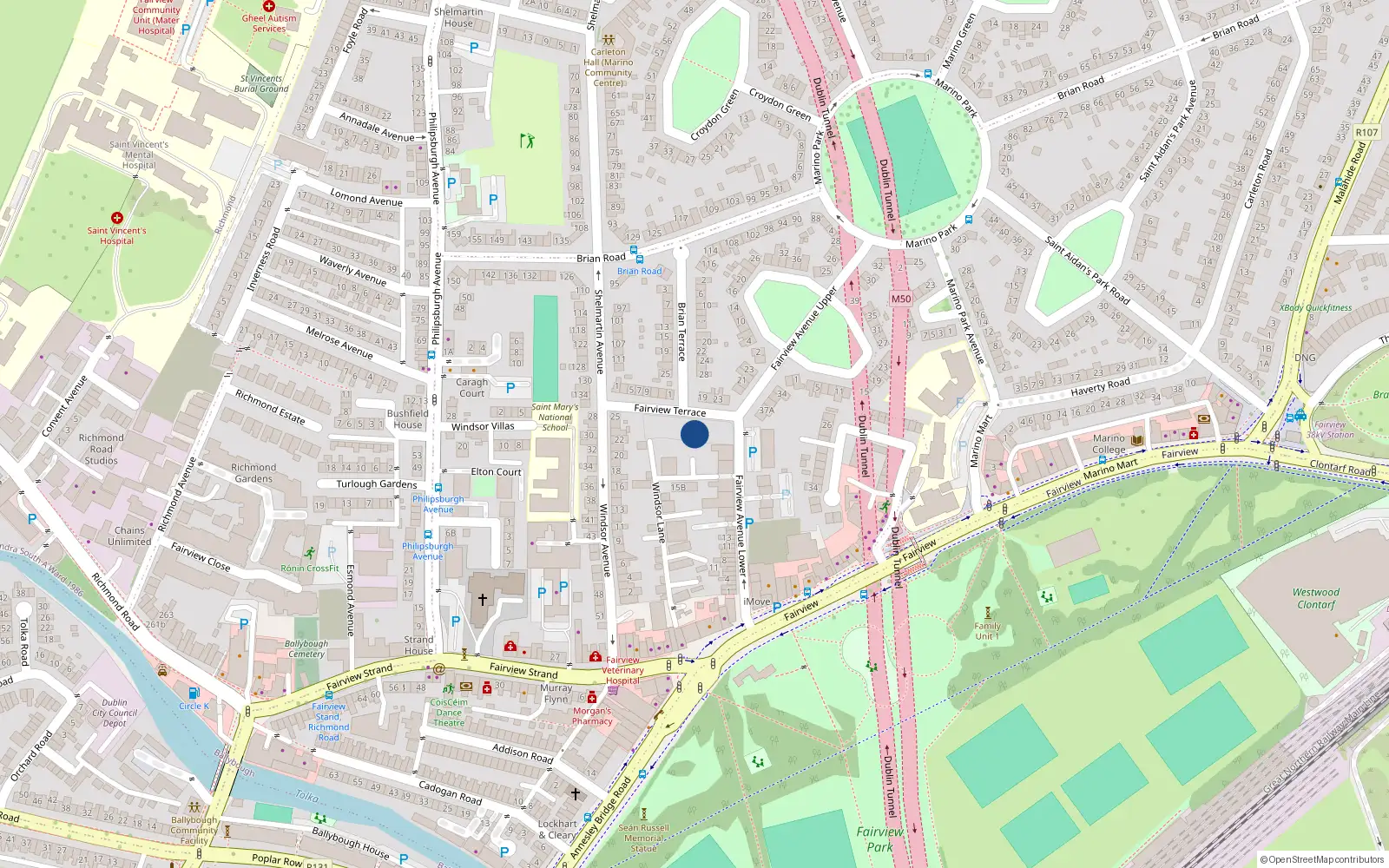 Overhead map showing the location of 13 Fairview Terrace, Dublin 3