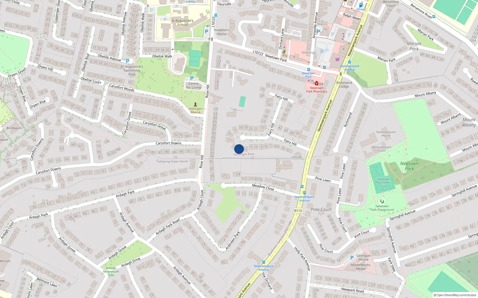 Overhead map showing the location of 13 Fairyhill, Blackrock, Co Dublin