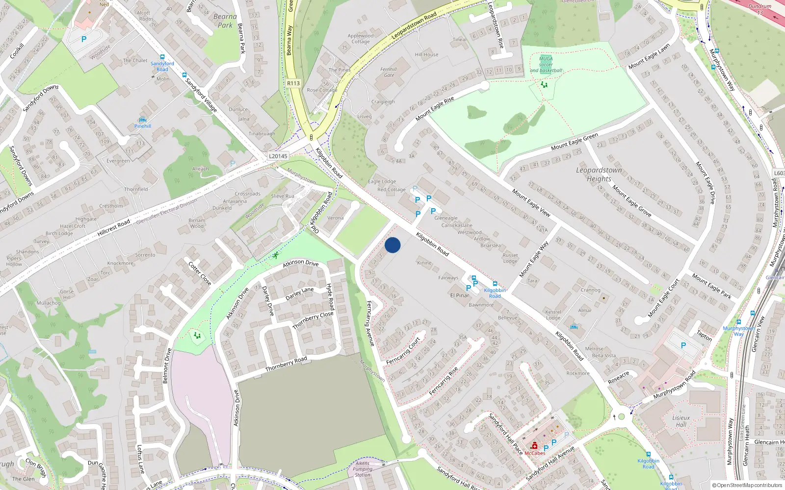 Overhead map showing the location of 13 Ferncarrig Avenue, Sandyford