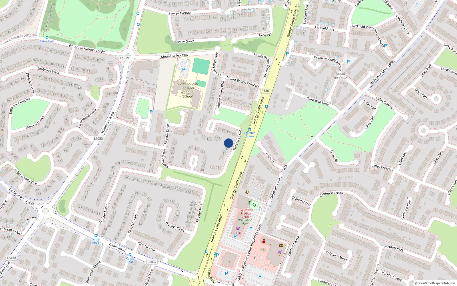 Overhead map showing the location of 13 Fforster Green, Lucan