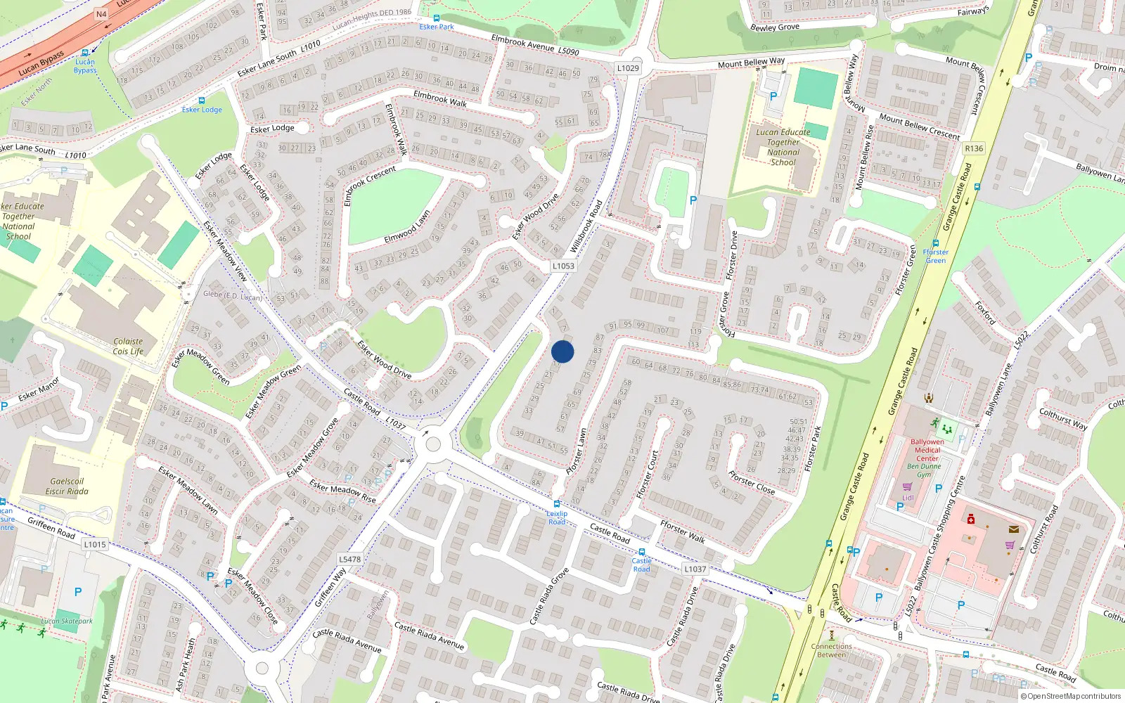 Overhead map showing the location of 13 Fforster Lawn, Lucan