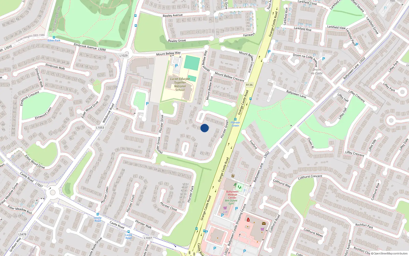 Overhead map showing the location of 13 Fforster Row, Ballydowd Manor, Lucan