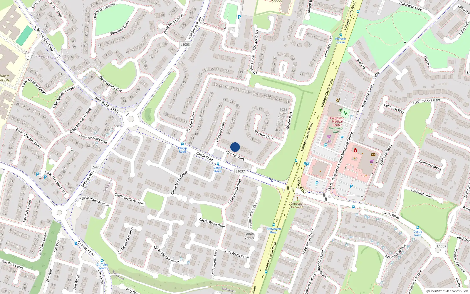 Overhead map showing the location of 13 Fforster Walk, Ballydowd Manor, Lucan