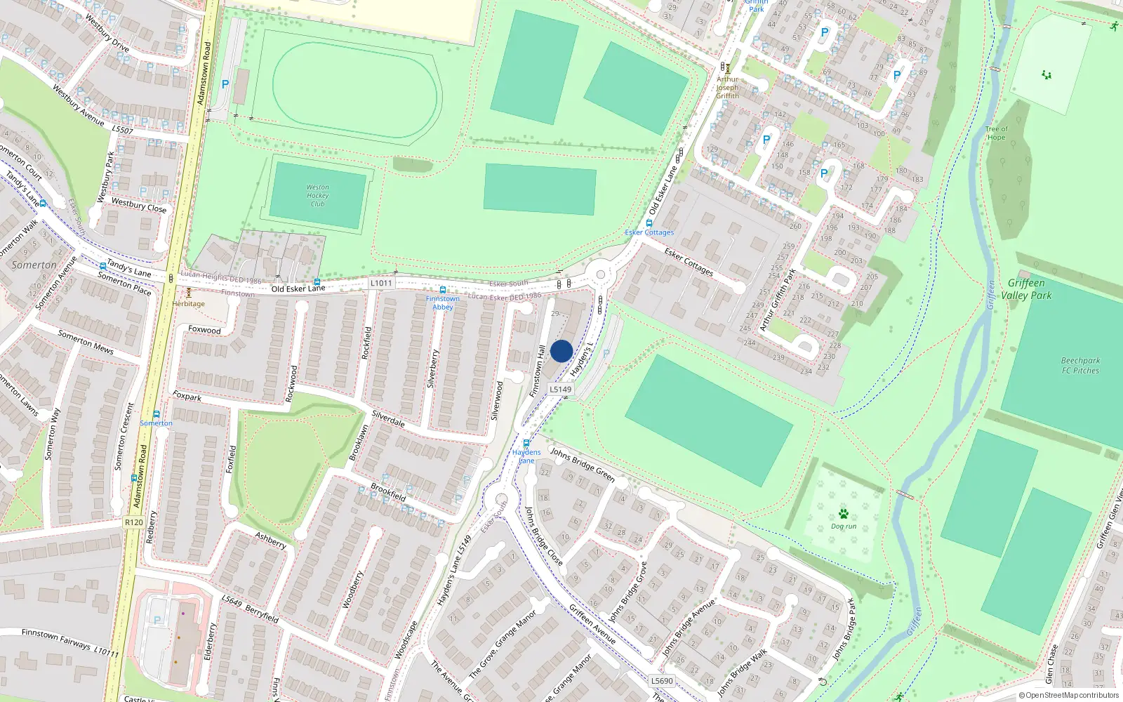 Overhead map showing the location of 13 Finnstown Hall, Haydens Lane, Lucan