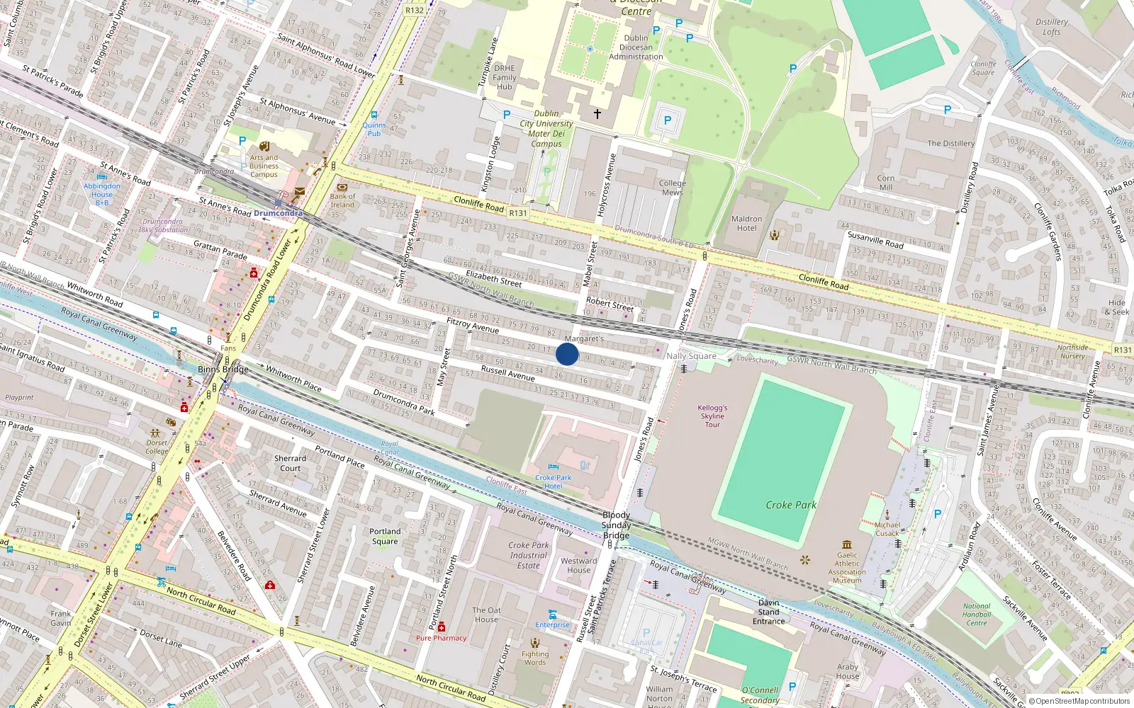 Overhead map showing the location of 13 Fitzroy Avenue, Drumcondra, Dublin 3
