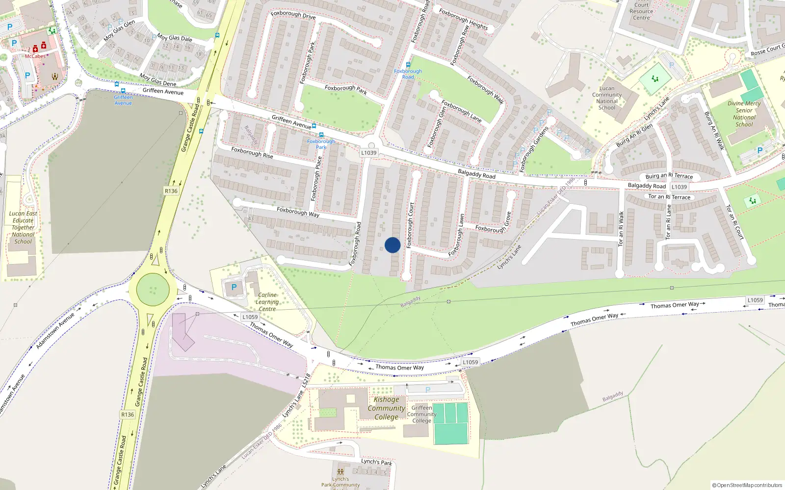 Overhead map showing the location of 13 Foxborough Court, Balgaddy Road, Lucan