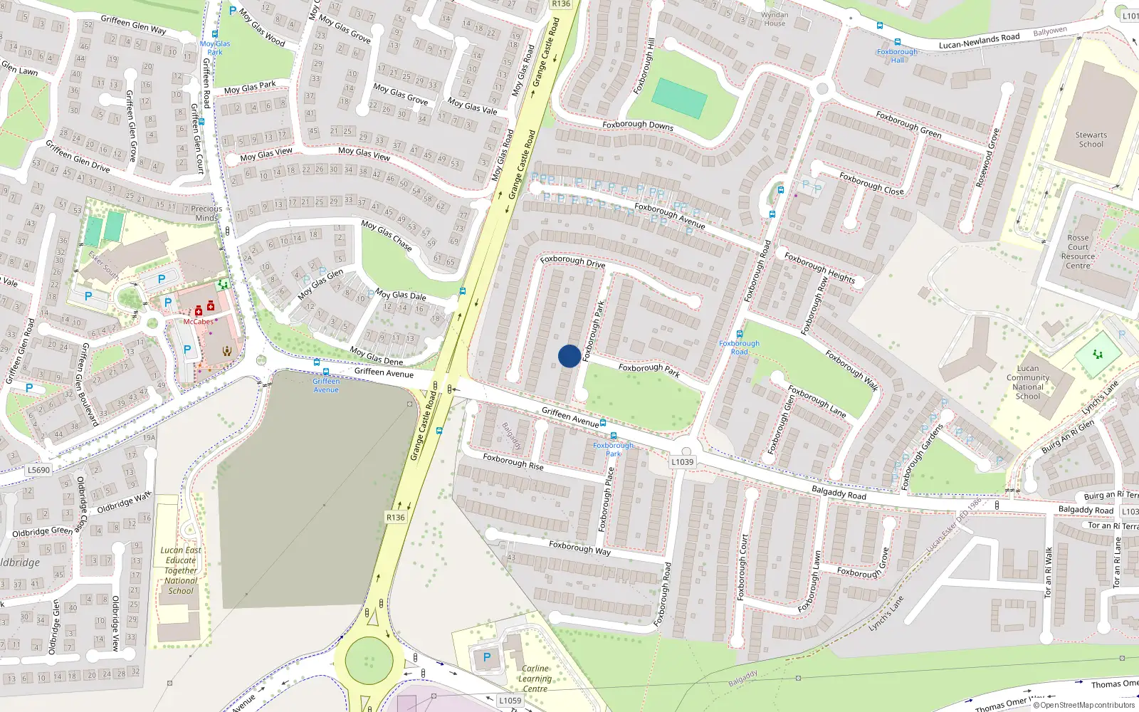 Overhead map showing the location of 13 Foxborough Park, Lucan