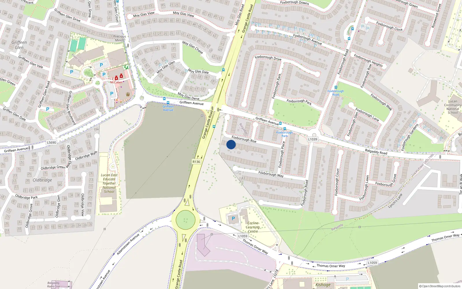 Overhead map showing the location of 13 Foxborough Rise, Lucan
