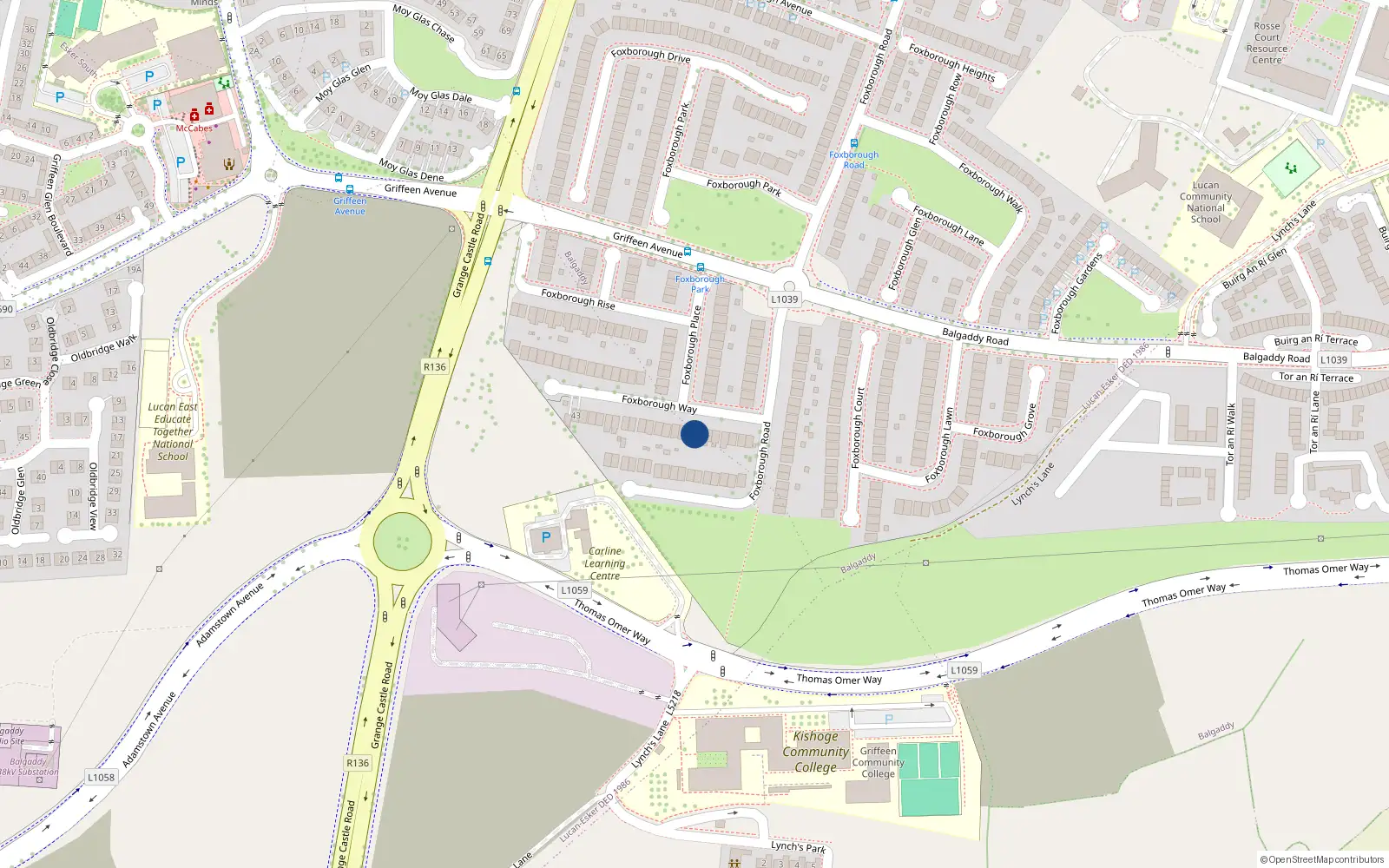 Overhead map showing the location of 13 Foxborough Way, Lucan, Dublin