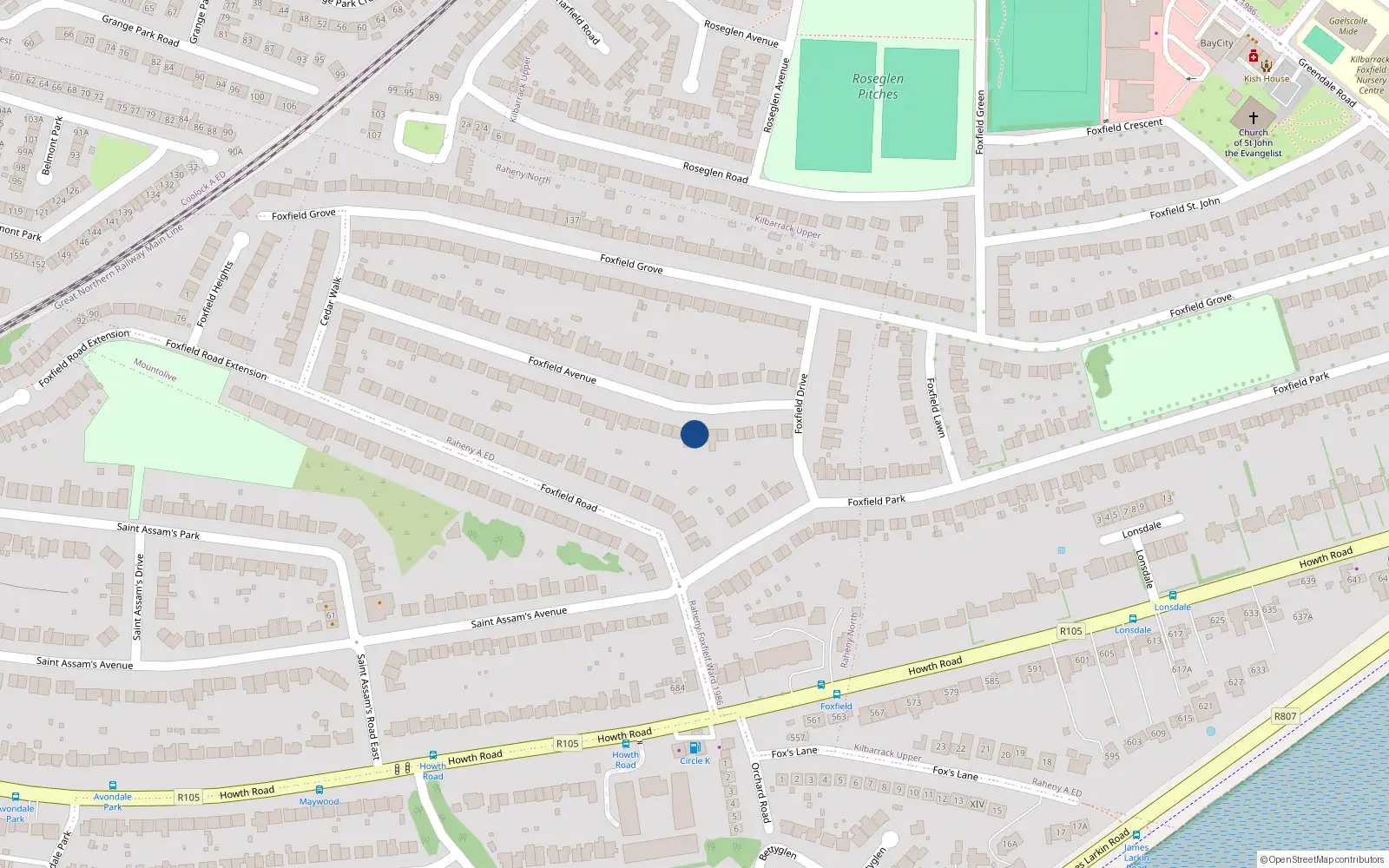 Overhead map showing the location of 13 Foxfield Avenue, Dublin 5