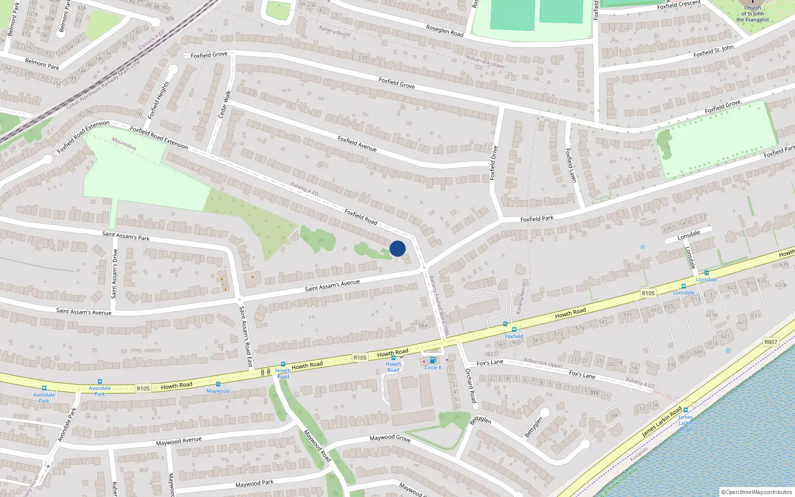 Overhead map showing the location of 13 Foxfield Road, Dublin 5