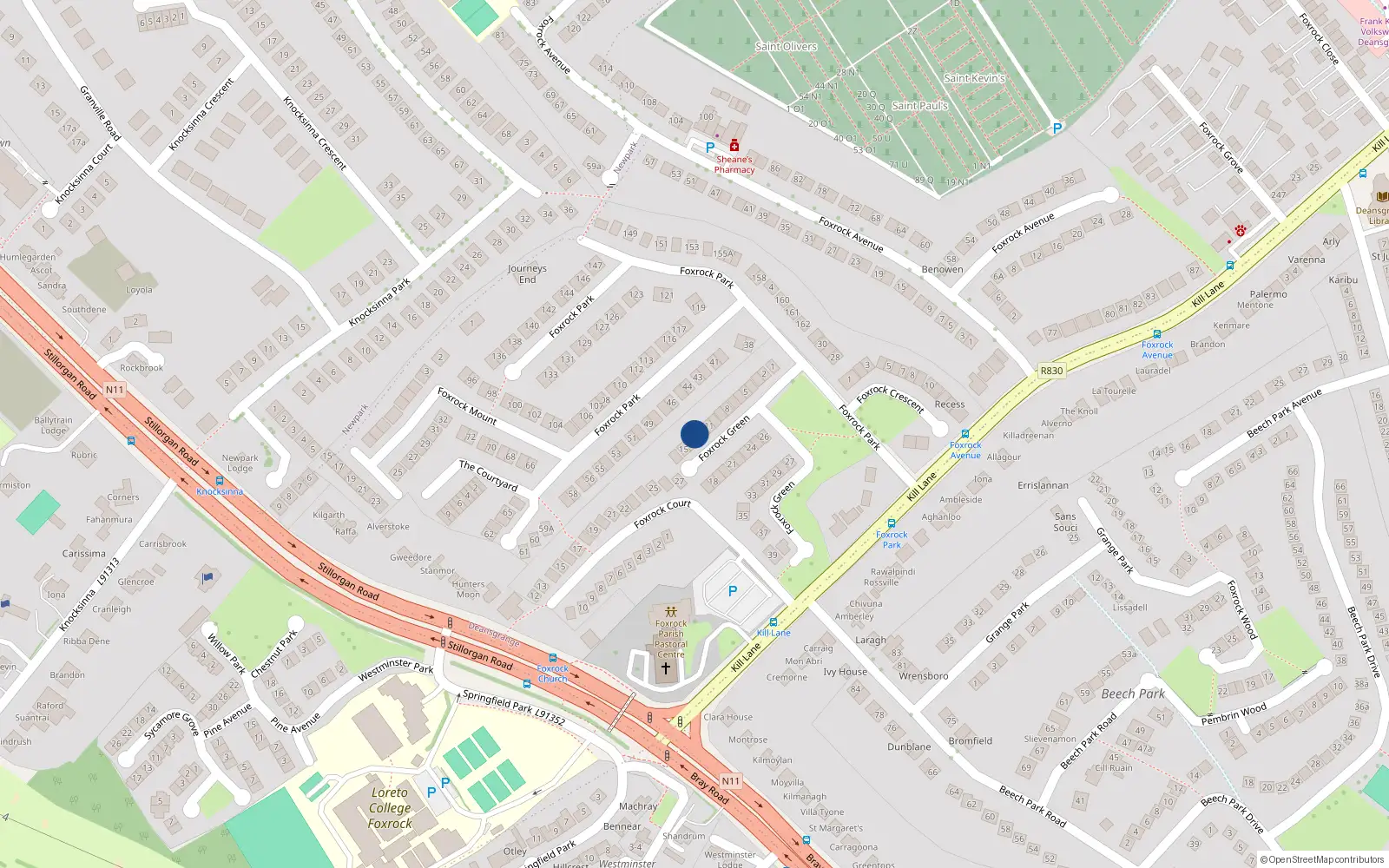 Overhead map showing the location of 13 Foxrock Green, Dublin 18