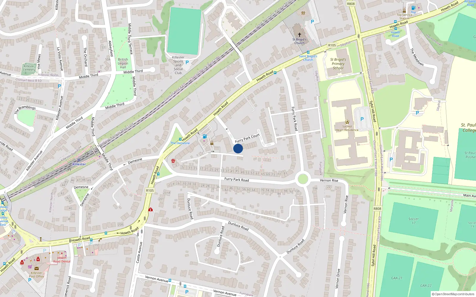 Overhead map showing the location of 13 Furry Park Court, Howth Road, Dublin 5